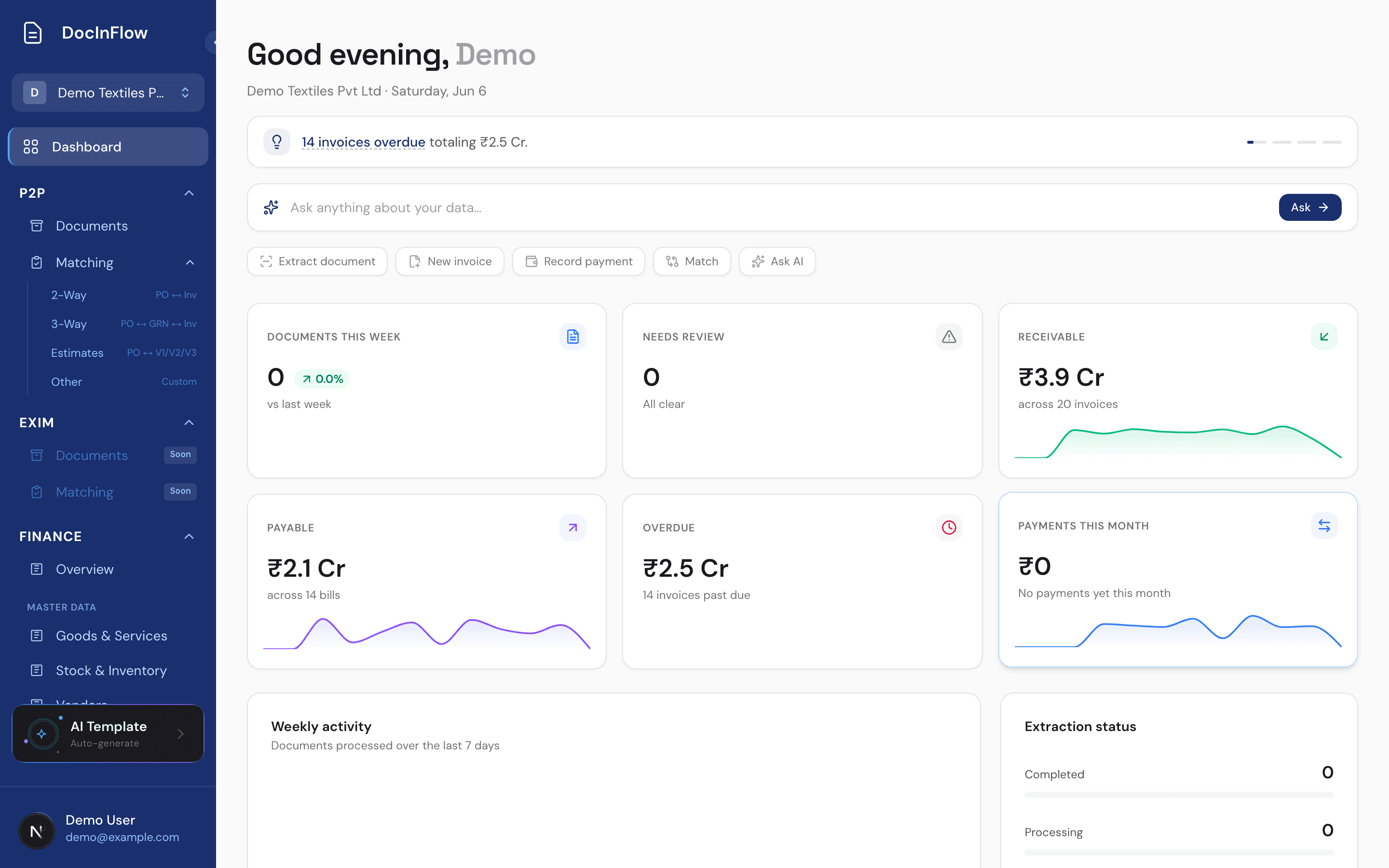 DocInflow dashboard with receivables, payables and extraction status